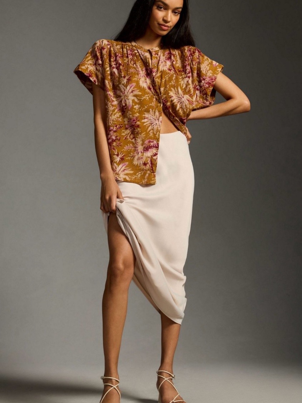 Anthropologie Batwing Floral Short Sleeve Buttoned Blouse — 1X